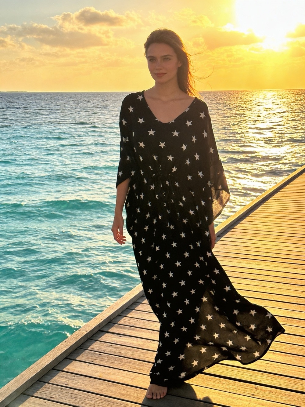 Star Print Black Maxi Cover-Up Dress